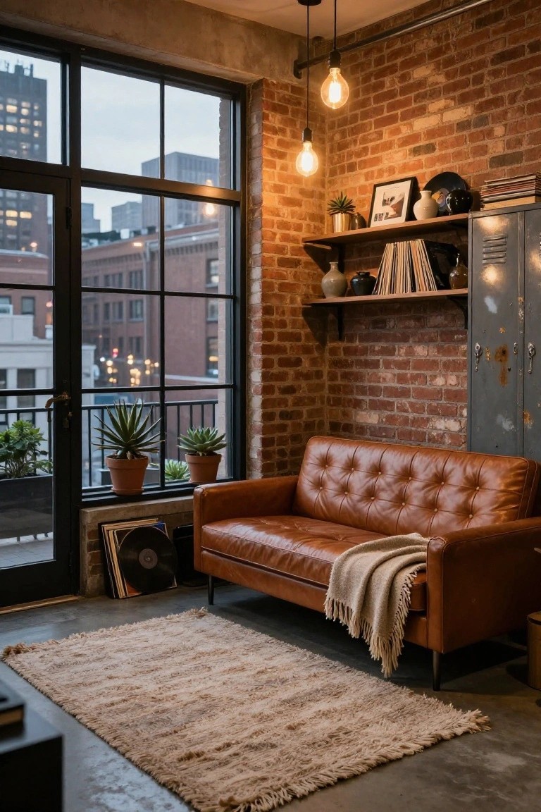 Loft living room with exposed brick walls, cognac tufted leather sofa on shag rug, metal locker cabinet, floating shelves holding records and plants, pendant lights, and large windows overlooking city buildings.