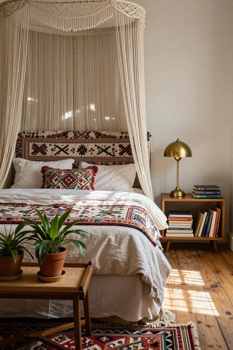 Bedroom with white macramé canopy draped over a bed with red and multicolored ethnic textile headboard and quilt, two potted plants on a wooden table, brass lamp and stacked books on wooden nightstand, patterned rug on hardwood floor.