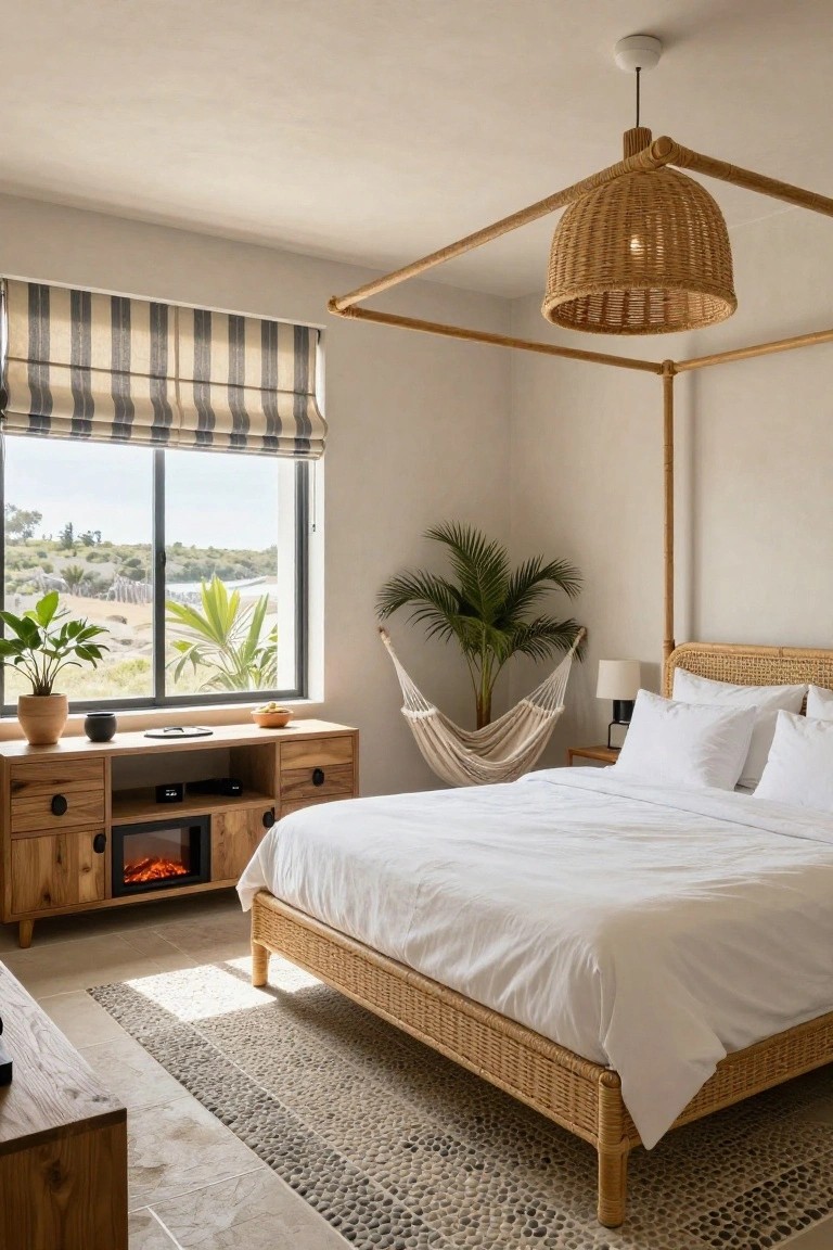 Bedroom with rattan four-poster bed draped in white sheets, bamboo canopy holding woven pendant lamp overhead, wooden furniture including media console with electric fireplace, potted plants and hanging hammock, large window with striped shade overlooking coastal landscape, terracotta floor with pebble rug.