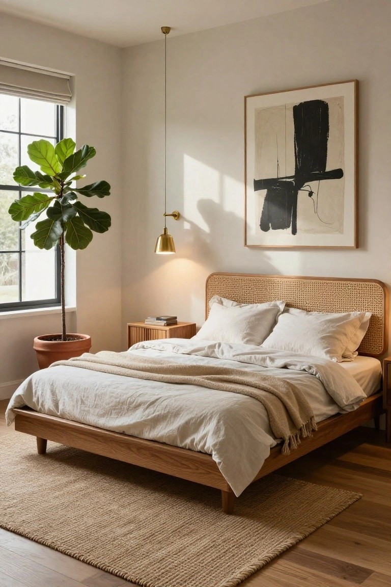 A sunlit bedroom with a low oak platform bed featuring a rattan-wrapped headboard, white linen sheets and pillows, a nightstand with books, a large fiddle leaf fig plant in a terracotta pot by a window with shades, abstract black and white art on the wall, gold pendant and sconce lights, and a jute rug on light wood floors.