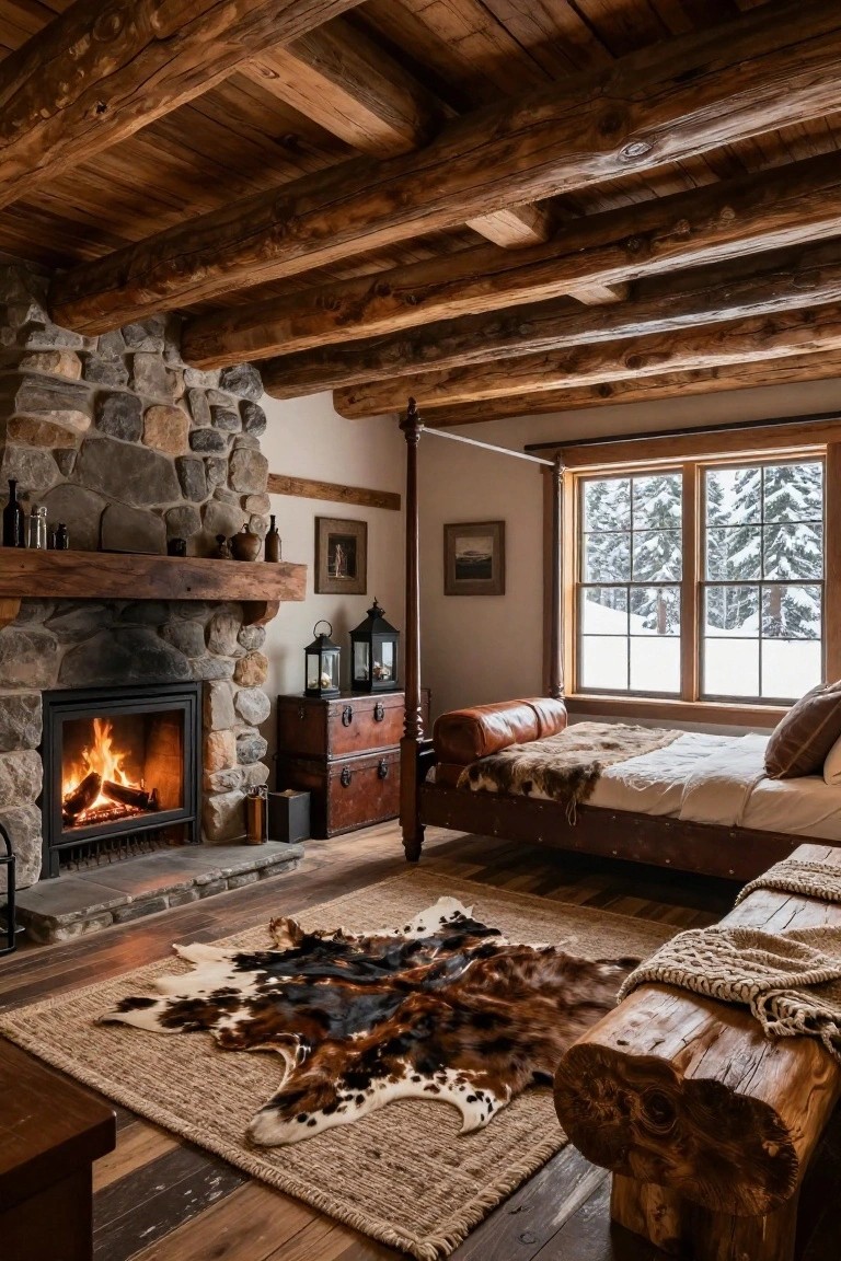 Rustic bedroom interior with wooden beam ceiling, large stone fireplace with burning logs, wooden canopy bed, cowhide rug on wood floor, and window showing snowy pine trees.