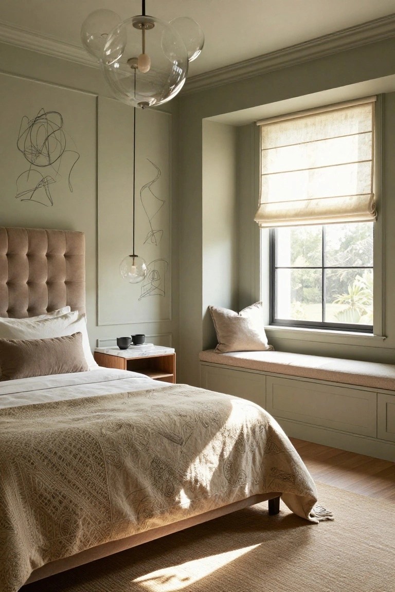Bedroom interior featuring pale sage green paneled walls, a tufted taupe headboard on a bed with cream linens, two glass bubble pendant lights, a built-in window bench with cushions under a linen roman shade, and abstract line drawings on the walls.