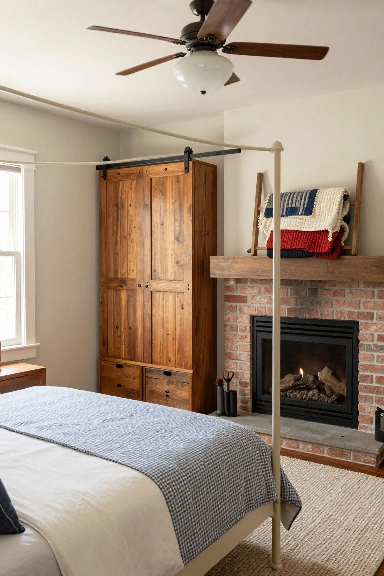 Bedroom interior with tall wooden armoire featuring barn-style sliding doors, brick gas fireplace with wood mantel and ladder rack holding folded quilts, metal canopy bed with blue checkered duvet and white sheets, ceiling fan, and side table.