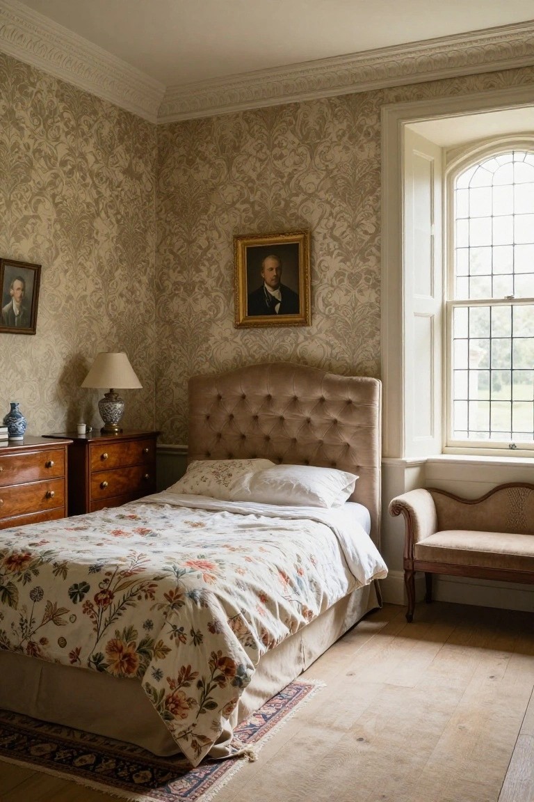 Bedroom interior with intricate beige floral-patterned wallpaper on walls, tufted tan upholstered headboard, white sheets and floral bedspread on double bed, paired wooden dressers, table lamp, two oval portraits, and arched leaded window with open shutters.