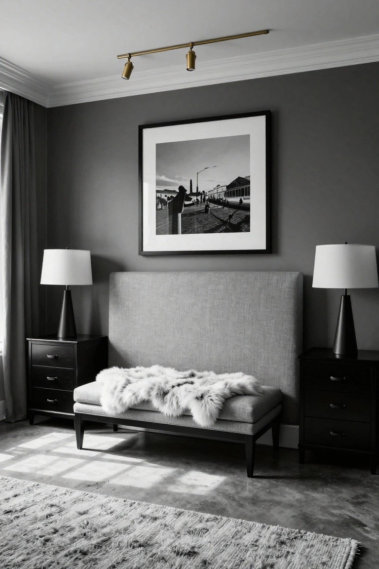 Black-and-white photo of a bedroom with dark gray walls, gray upholstered bench topped with white fur throw at center, black nightstands with white conical lamps on each side, large framed black-and-white street scene artwork, gray curtains, brass track lighting, and textured gray rug on concrete floor.