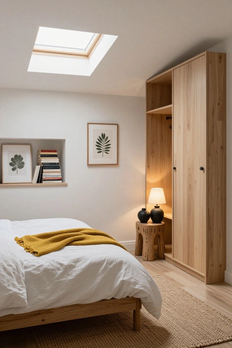 A bedroom featuring a wooden platform bed with white linens and a yellow knit throw, a tall open wooden wardrobe with black ceramic vases and lamp on a wooden stool beside it, white walls with framed leaf prints and bookshelves, light wood flooring, seagrass rug, and a square skylight in the ceiling.