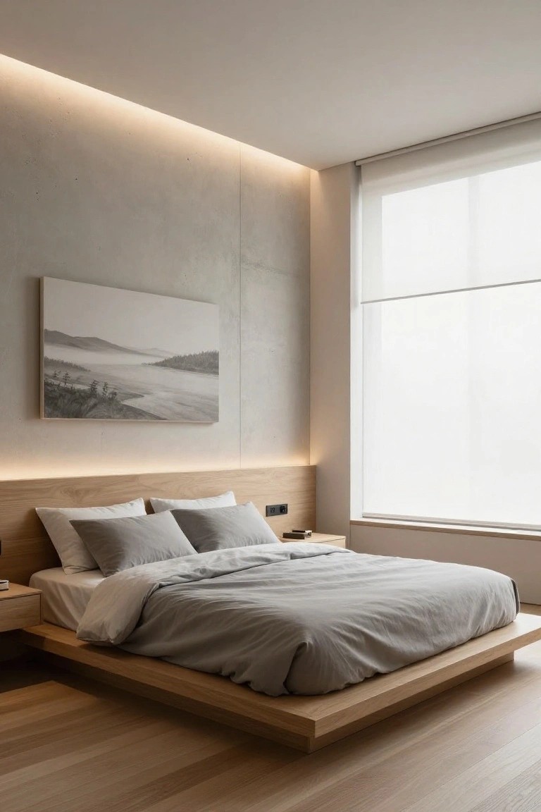 Minimalist bedroom with low oak platform bed, gray linens and pillows, oak nightstand, concrete accent wall with framed black-and-white landscape painting, large window with sheer curtains, recessed ceiling lighting, and light oak wood flooring.