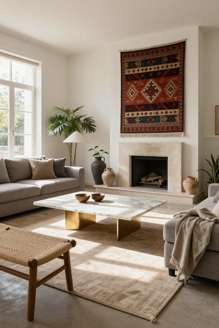 Modern living room interior with a large red and black patterned woven tapestry hanging vertically on a white wall beside a beige stone fireplace, gray sofa, marble coffee table with brass legs, potted plants, and large windows letting in sunlight.