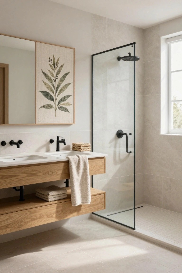 Modern bathroom interior featuring a floating oak vanity with two sinks and black faucets, a glass shower enclosure, and a tall framed fabric artwork with a green leaf print mounted beside a wall mirror.