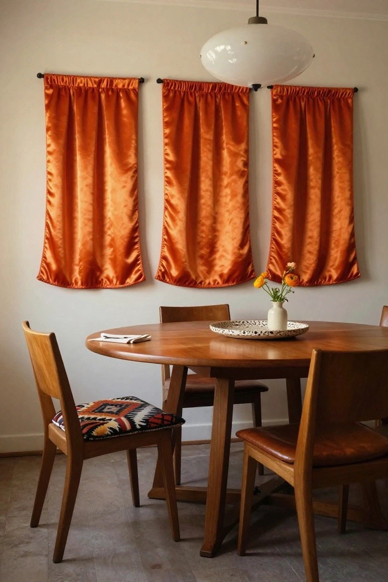 Dining room with round wooden table, four wooden chairs, woven plate holding vase of orange flowers, and three large burnt orange satin curtains hung from wall rods under white pendant light.