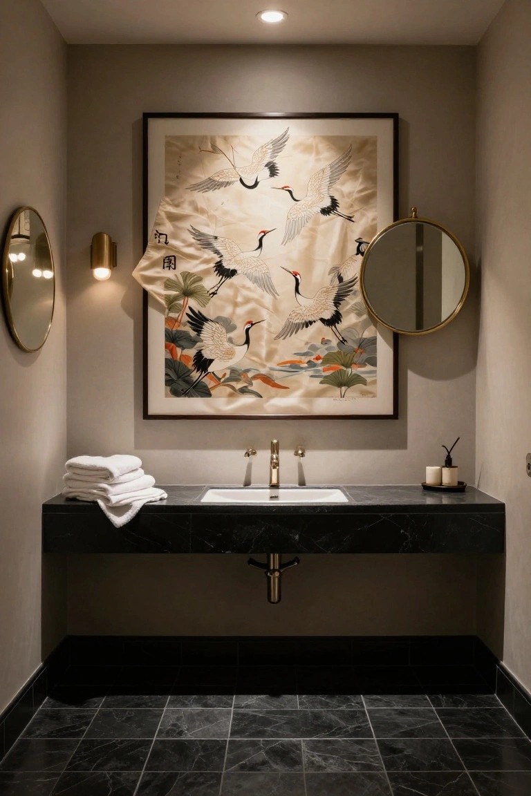 Modern bathroom with black marble vanity and sink, gold faucets, stacked white towels, two round gold mirrors, wall sconce light, black marble tile floor, and large framed beige silk artwork of flying cranes on beige wall.