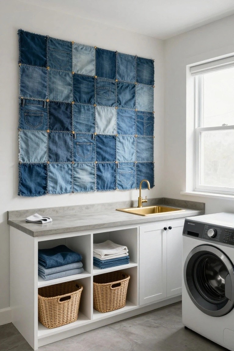 White laundry room with large blue denim patchwork wall hanging above gray countertop sink, white cabinets with folded towels and baskets, gold faucet, and white front-loading washer on gray floor.