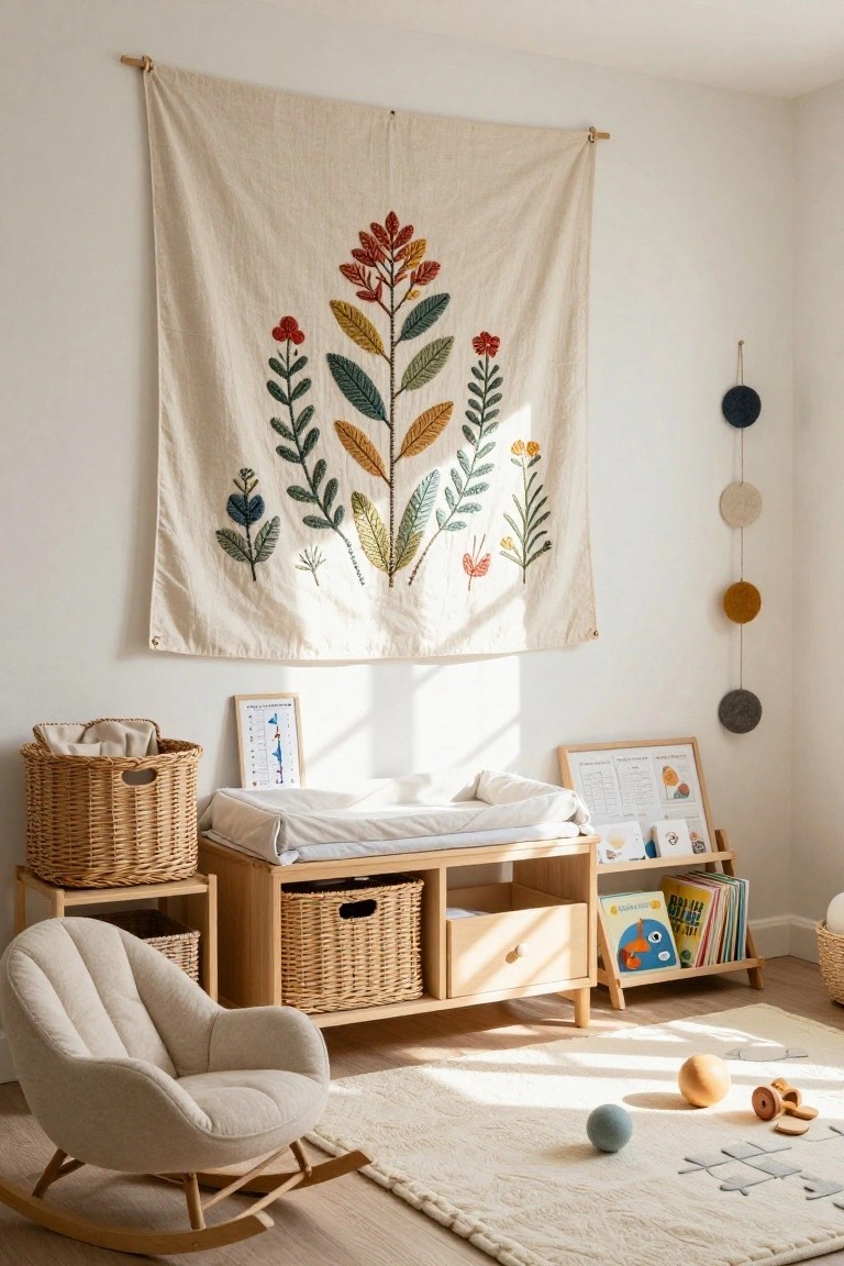 A nursery corner with a large cream tapestry embroidered with multicolored flowers and leaves hanging on a white wall, beside a wooden changing table dresser with rattan baskets, a cream upholstered rocking chair, bookshelves, and wooden toys on a cream rug.