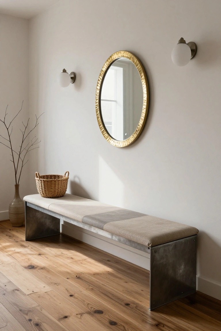 Hallway interior with a long metal-framed bench topped by beige fabric cushions, a woven basket and ceramic vase with branches beside it, large round gold-framed mirror on white wall, wall sconces, and hardwood flooring.