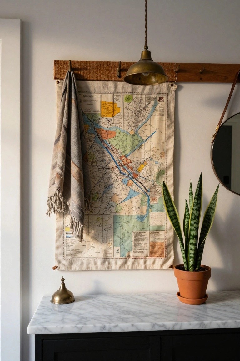 Beige fabric map of a city with rivers and roads hung on a wooden rail with rattan accents in a white-walled interior, gray towel draped over it, snake plant in orange terracotta pot on marble console table, brass dome beside it, and hanging brass lamp overhead.