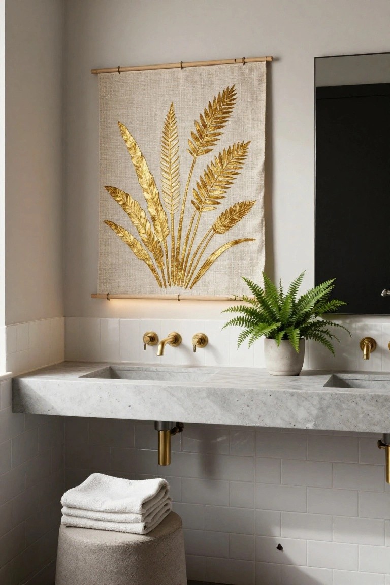 Bathroom corner showing a marble vanity with two gold faucets, a black-framed mirror, a beige fabric wall hanging with gold leaf fern and wheat motifs on a wooden rod, a potted fern plant, stacked white towels, and a fabric stool.