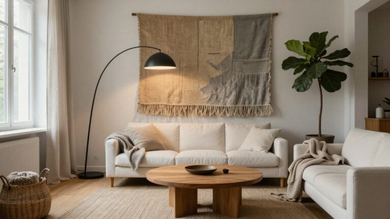 Modern living room with a large rectangular beige and gray woven tapestry hanging on the wall next to a window, white sofa with throw blanket, wooden credenza and coffee table, arc floor lamp, and potted fiddle leaf fig plant.