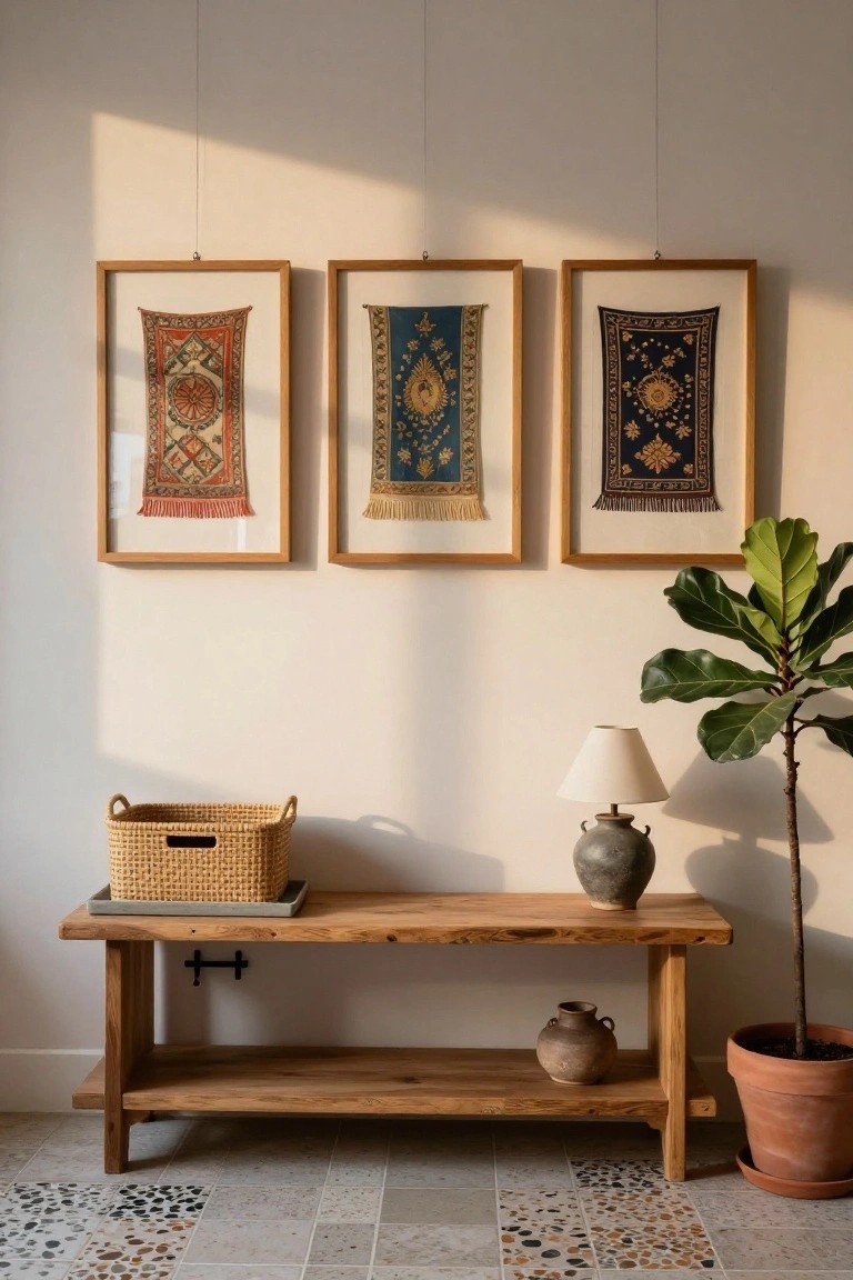 Three wooden-framed colorful woven and embroidered fabric panels hung side by side on a white wall above a wooden bench with woven basket, lamp, pottery jars, and a potted fiddle leaf fig plant on a tiled floor.