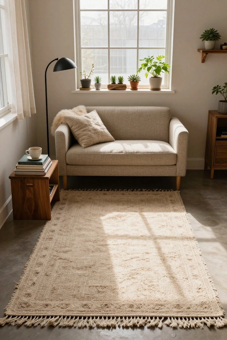Sunlit interior corner with beige fabric sofa, fluffy pillow, wooden side table holding stacked books and white teacup, arc floor lamp, multiple potted plants on windowsill and floating shelf, sheer curtains on window, and large cream-colored fringed knotted rug on polished concrete floor.