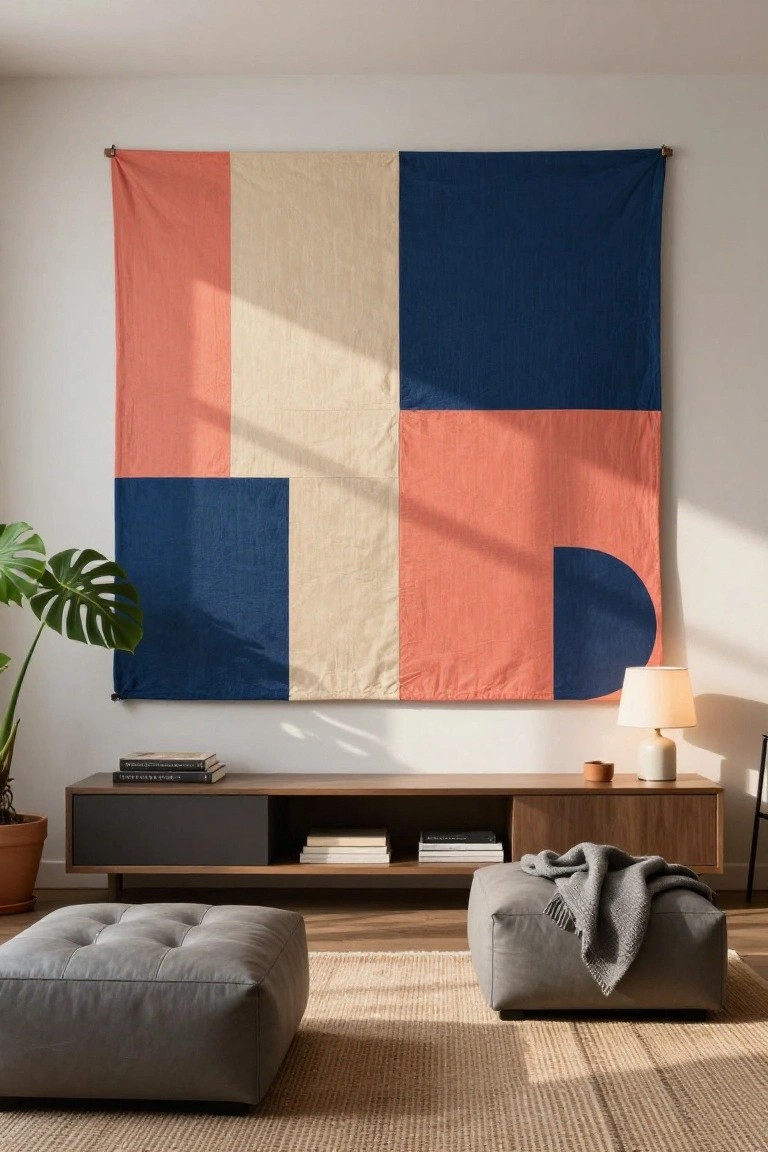 A modern living room displays a large rectangular fabric wall hanging with geometric blocks and shapes in orange, beige, and navy above a wooden media console with books, a lamp, potted plants, and two gray ottomans on a seagrass rug.