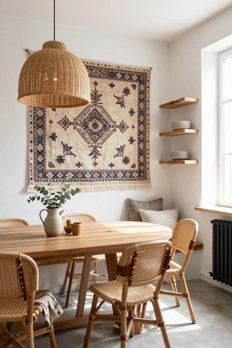 Modern dining nook with oval wooden table and rattan chairs, large beige and blue patterned tapestry on white wall, woven pendant lamp overhead, floating wooden shelves with plates, eucalyptus in jug, and window nearby.