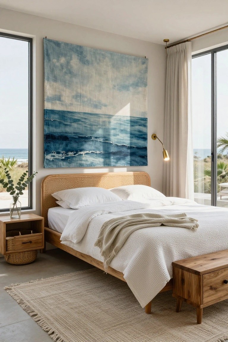 Bedroom interior with rattan headboard bed, white bedding and pillows, large blue fabric wall hanging of abstract ocean waves and clouds, wooden nightstands and bench, beige rug, and ocean view through large windows.
