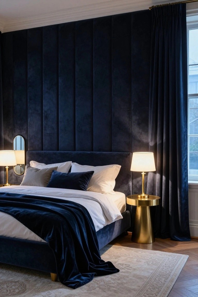 A bedroom with navy blue tufted velvet wall paneling behind a upholstered bed, white bedding draped with a navy throw, two bedside lamps on gold tables, and matching navy curtains on a window.