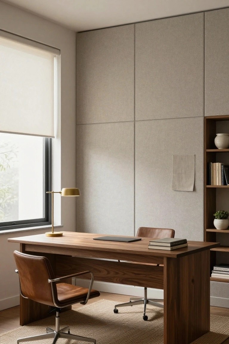 Modern home office with light beige textured fabric wall panels, wooden desk topped with laptop and books, tan leather desk chair on wheels, gold desk lamp, large window with roller shade, and built-in wooden shelf holding ceramics and plants.
