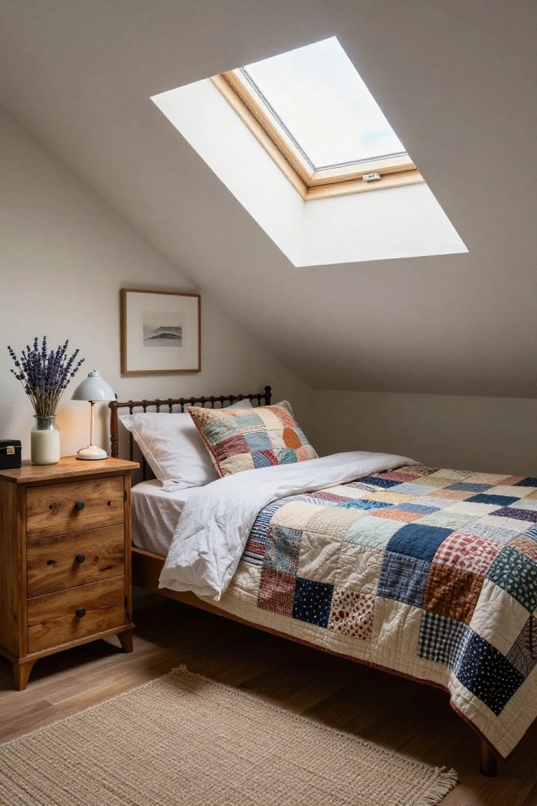 Attic bedroom with sloped white ceiling and skylight, wooden bed frame covered in colorful patchwork quilt and white duvet, bedside wooden dresser holding lamp, white vase of lavender stems, and small framed landscape artwork on wall.