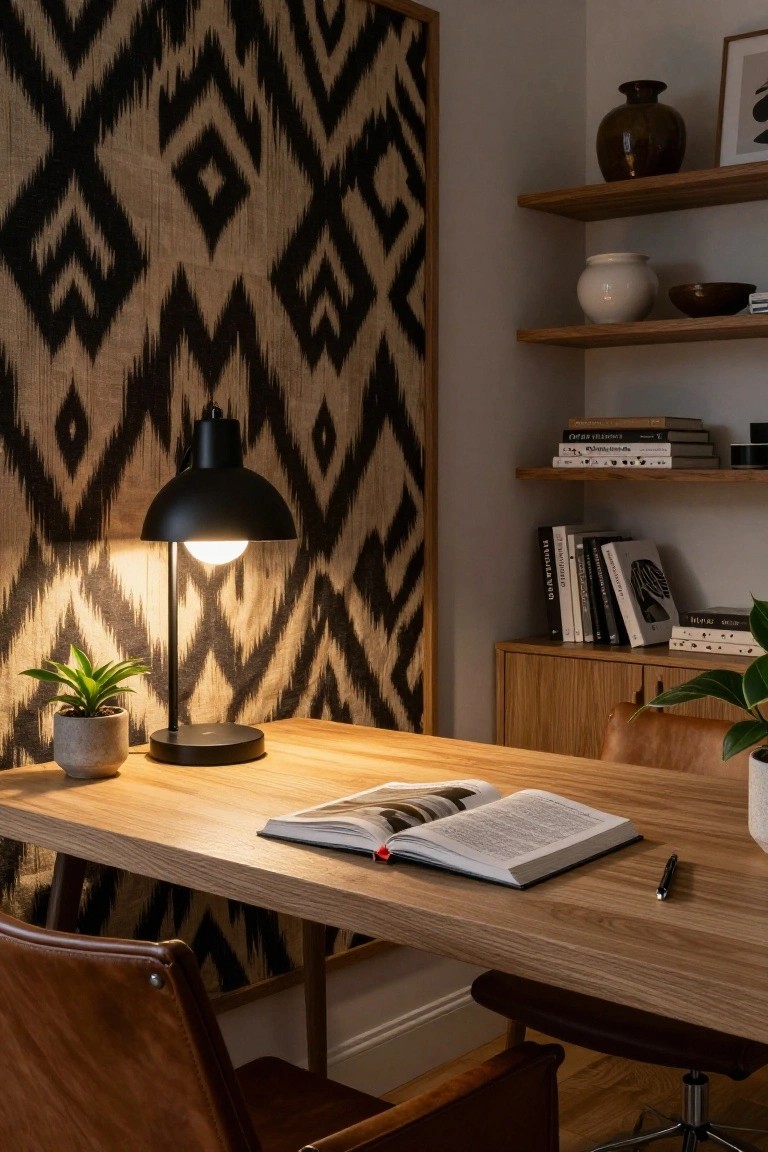 Home office corner featuring a wooden desk with an open book and pen, black desk lamp lit up, potted plants, leather chair, and wooden shelves with books and ceramics in front of a tall black and white geometric patterned fabric wall hanging.