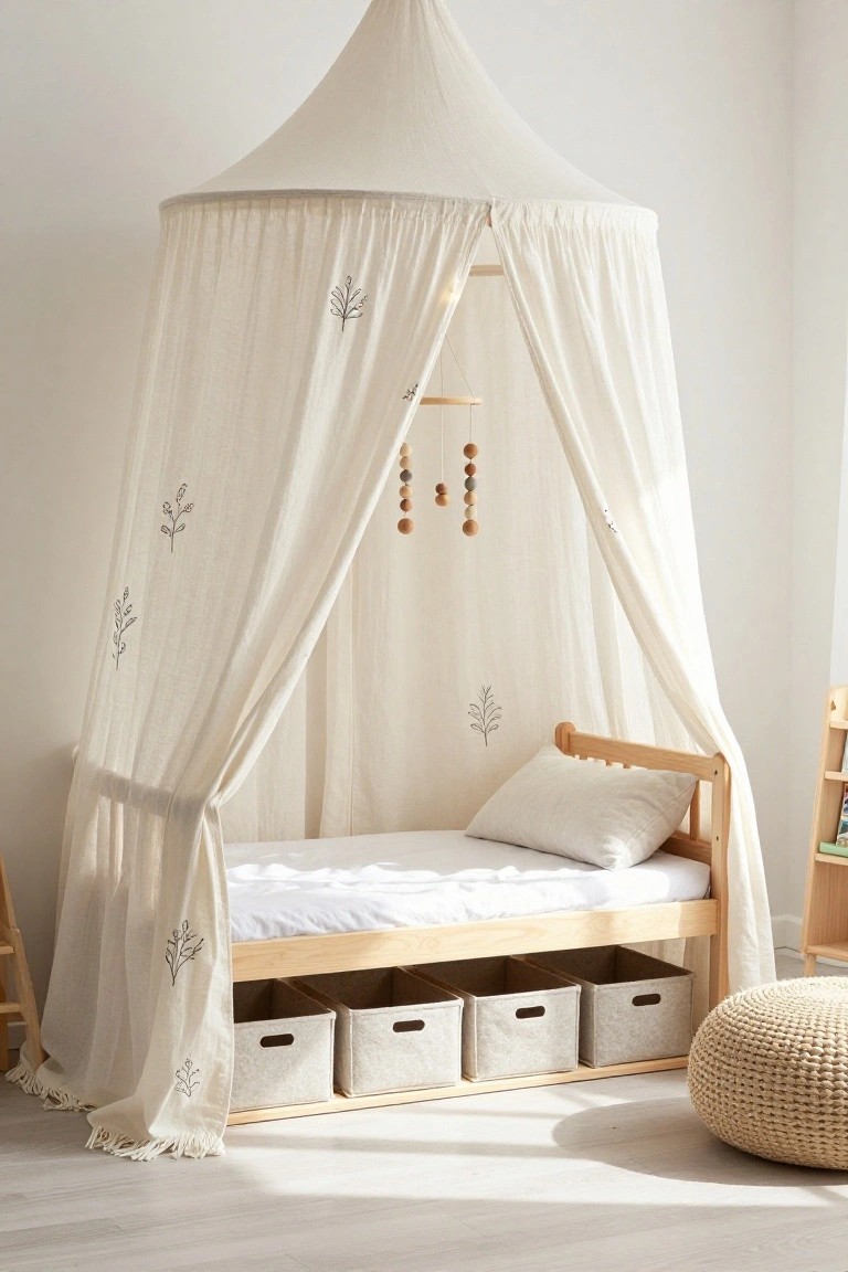 White sheer conical canopy with embroidered leaf motifs draped over a wooden toddler bed with white bedding, storage bins underneath, hanging wooden mobile with beads, in a light room with wooden shelves and a woven pouf.