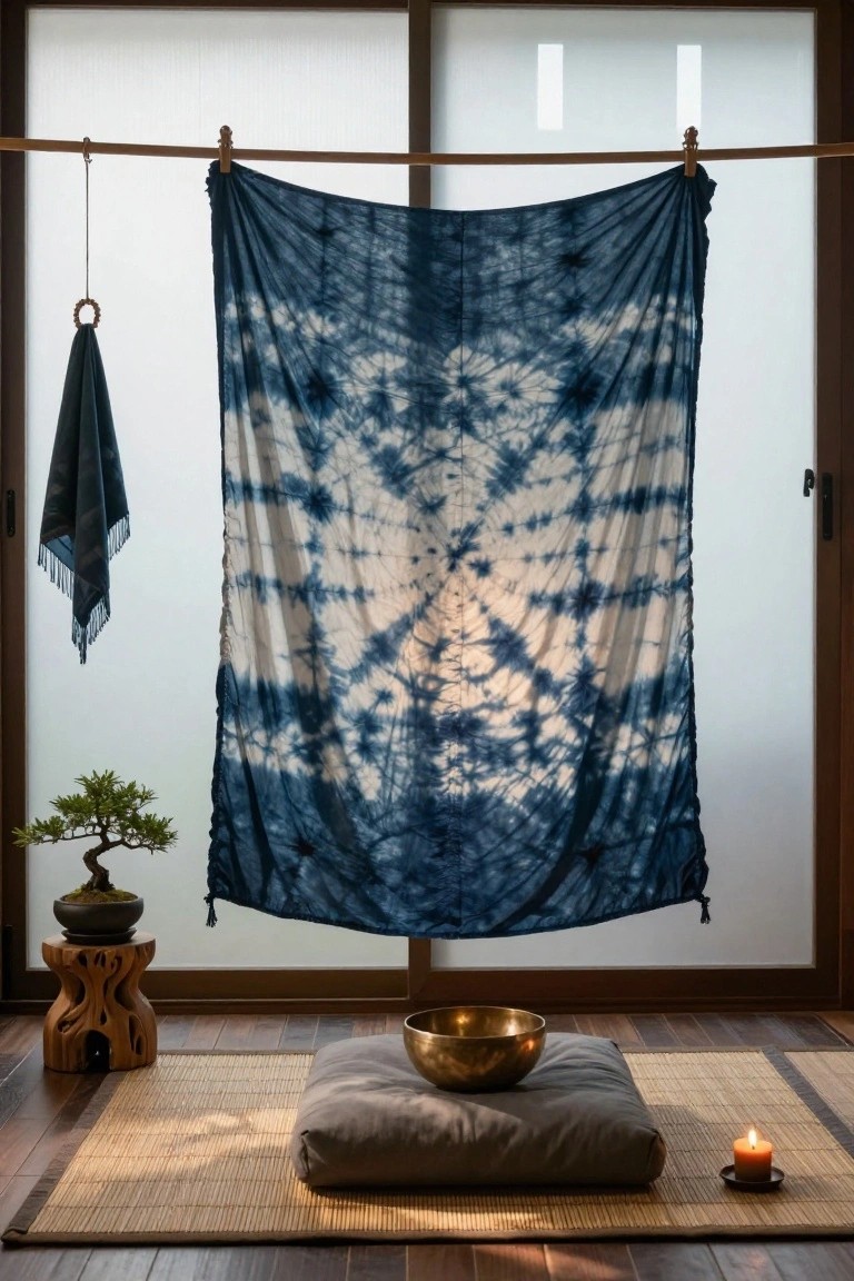 Indigo shibori-dyed fabric draped from a wooden rod in front of shoji screens in a tatami-floored room with bonsai tree, brass singing bowl on cushion, and candle.
