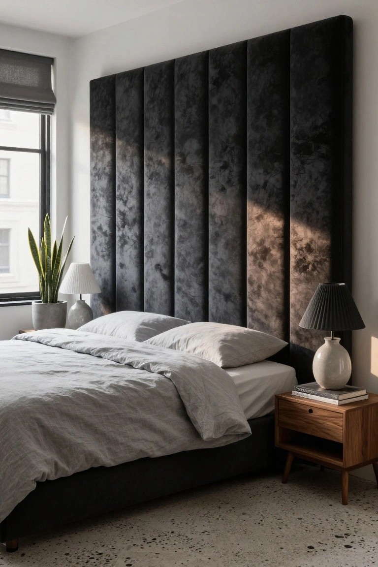 Modern bedroom with tall black velvet tufted headboard behind a bed dressed in gray linens, two bedside lamps on wooden nightstands, potted snake plant, and window with rolled shade.