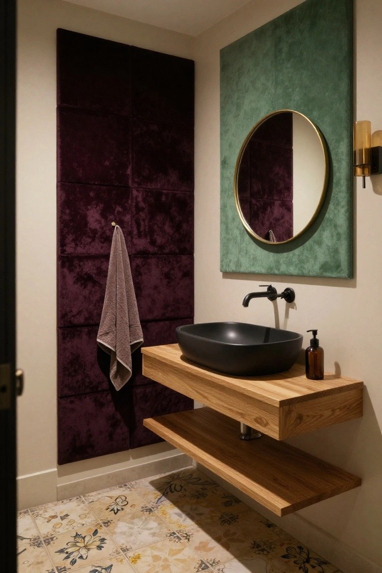 Bathroom with purple tufted fabric wall panels on left wall holding a towel hook, green fabric panel on right wall with gold round mirror and wall light, floating oak wood vanity with black matte vessel sink and soap dispenser, and beige patterned tile floor.