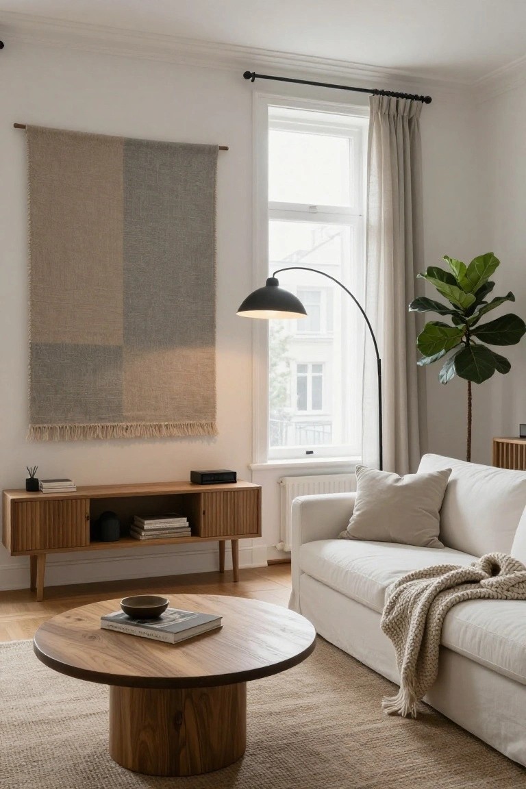 Modern living room with a large rectangular beige and gray woven tapestry hanging on the wall next to a window, white sofa with throw blanket, wooden credenza and coffee table, arc floor lamp, and potted fiddle leaf fig plant.