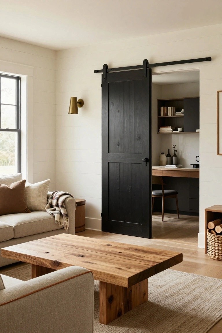 Light interior of a living room with cream sofa, wooden coffee table on neutral rug, white shiplap walls, and open black sliding barn door to a workspace with desk and shelves.