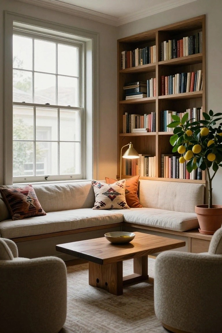 Living room corner with floor-to-ceiling wooden bookshelves on two walls framing a tall multi-pane window, beige L-shaped sofa with patterned pillows, wooden coffee table, two cream armchairs, brass lamp, and potted lemon tree.