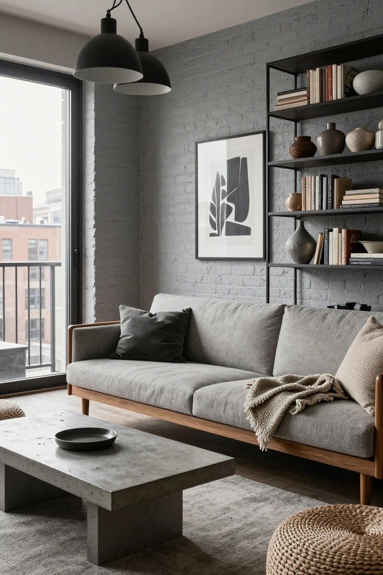 Modern living room interior with gray exposed brick walls, black metal shelving unit holding books and ceramics, light gray sofa with pillows and throw blanket, rectangular concrete coffee table, woven pouf, and large window with metal railing and city view.