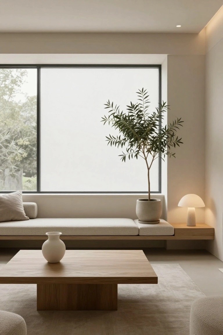 Minimalist beige living room with a low built-in bench under a large frosted window, tall potted olive tree and cream mushroom lamp on wooden shelf above, low wooden coffee table holding white vase, neutral pouf and rug.