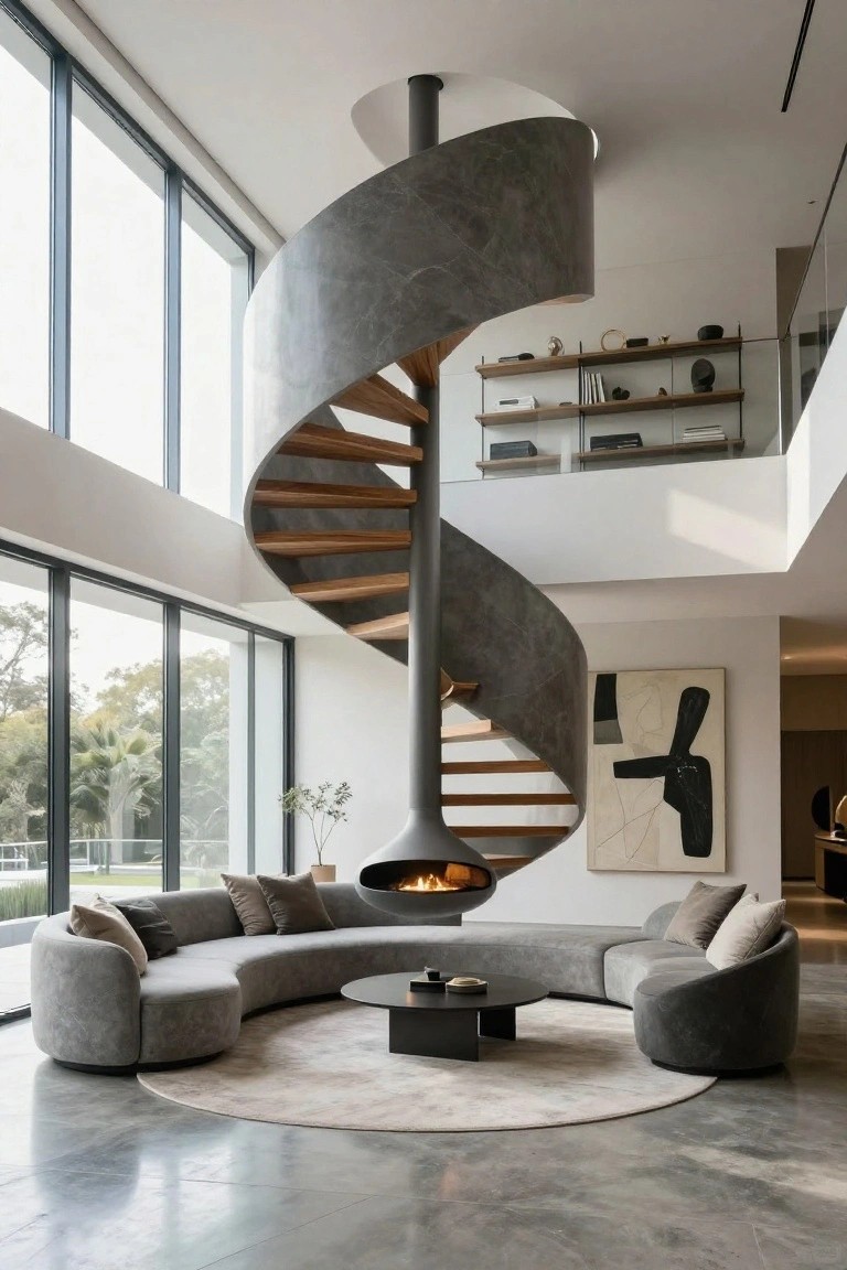 Modern interior with gray concrete spiral staircase featuring wooden treads, curved gray modular sofa around black egg-shaped fireplace on polished concrete floor, large glass windows overlooking greenery, and mezzanine shelving above.