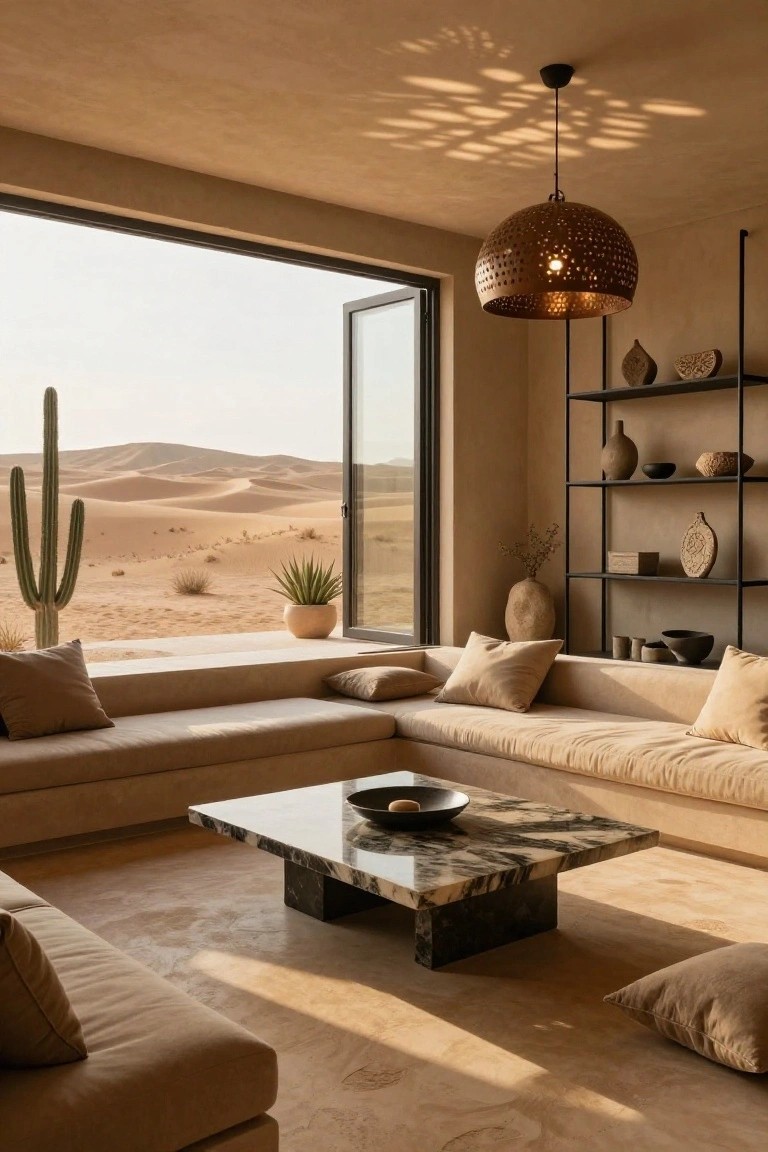 Beige living room with built-in window bench seating along large open windows showing desert dunes and cacti, low beige sofa, black-veined marble coffee table, metal shelves with pottery, and pierced metal pendant light.