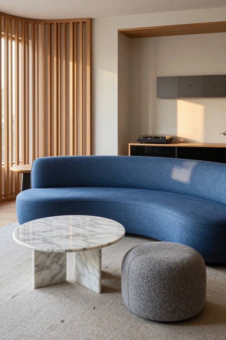 Modern living room with curved navy blue upholstered sofa, round white marble coffee table, gray fabric pouf on light gray rug, oak slat screen divider, and low wood cabinet holding a turntable.
