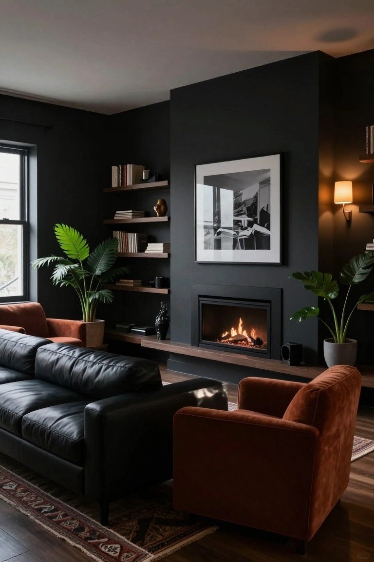 Modern living room with dark charcoal walls, built-in wooden shelves holding books and plants, linear gas fireplace, black leather sofa, burnt orange armchair, and white-framed photograph above the mantel.