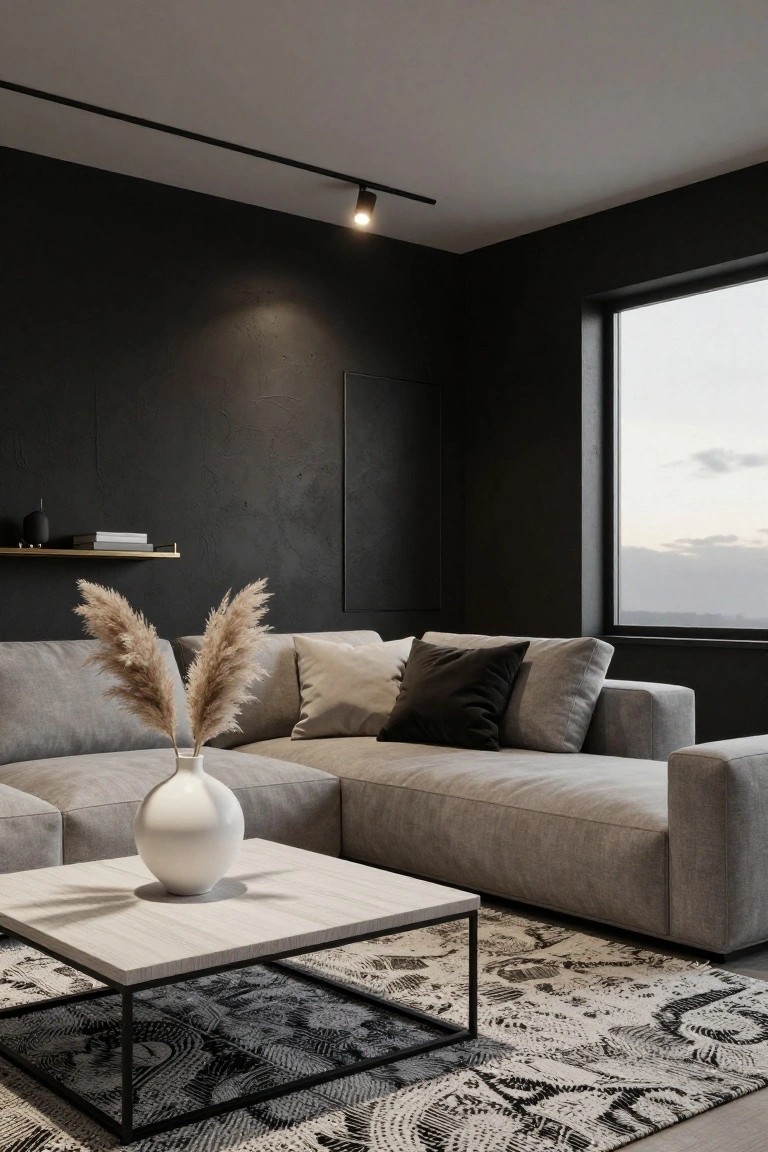 Modern living room with dark textured black walls, light gray L-shaped sofa with pillows, white vase holding tall pampas grass on a light wood coffee table with black metal frame, black and white patterned rug, track lighting, and large window.