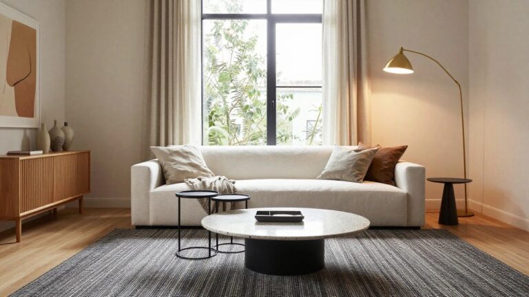 Modern living room with cream L-shaped sofa, round black metal coffee table holding a black bowl, wooden media console with three ceramic vases, large abstract tan and black wall art, gold arc lamp, sheer curtains on black-framed windows, and textured neutral rug on light wood floors.