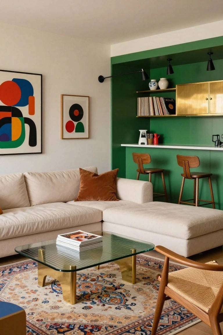 Living room with cream L-shaped sofa, glass and brass coffee table on Persian rug, colorful abstract wall art, wood armchair, and green accent wall with brass cabinets, shelves stocked with books and records, white counter, wood bar stools, and pendant lights.