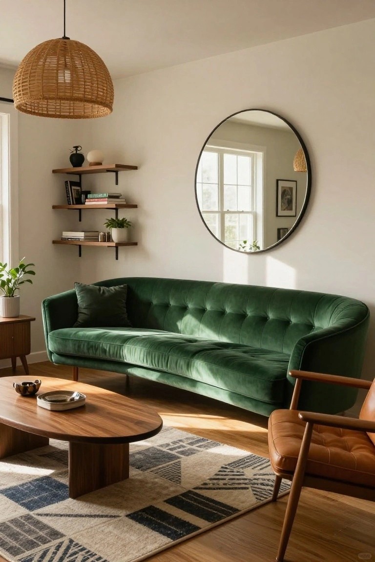 Modern living room with curved tufted emerald green velvet sofa, oval wooden coffee table, tan leather armchair, floating wooden shelves with books plants and ceramics, large round black mirror, rattan pendant light, and potted plants on white walls above hardwood floors.
