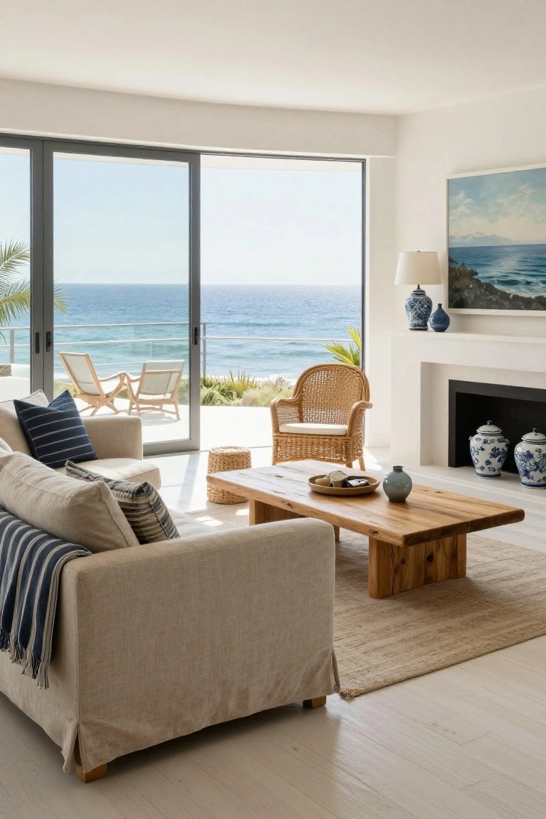 Modern living room featuring a light beige linen sofa with navy pillows and throw, wooden coffee table, rattan armchair, and large sliding glass doors opening to a balcony with ocean view.