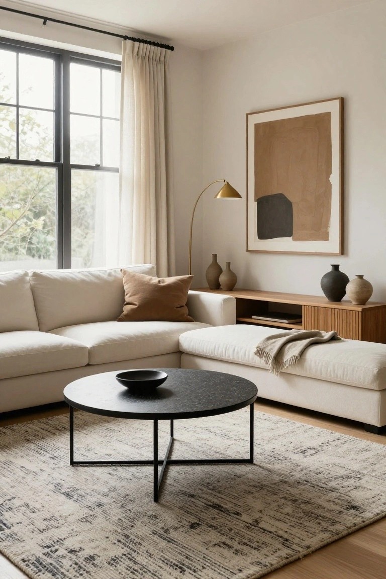 Modern living room with cream L-shaped sofa, round black metal coffee table holding a black bowl, wooden media console with three ceramic vases, large abstract tan and black wall art, gold arc lamp, sheer curtains on black-framed windows, and textured neutral rug on light wood floors.