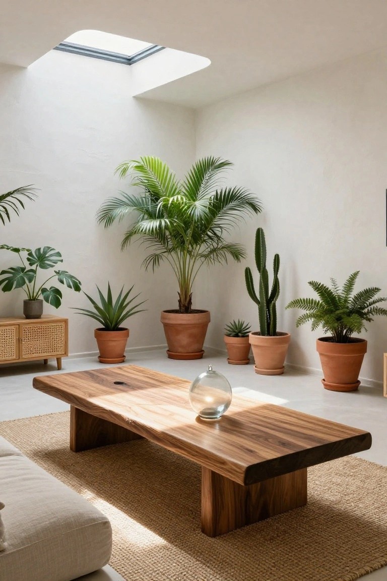 Bright minimalist living room with white walls and skylight, featuring various potted plants like palm tree, monstera, cacti, and ferns in terracotta pots, wooden coffee table with glass orb, rattan sideboard, beige sofa corner, seagrass rug, and light floor.